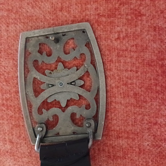 Bonded leather belt embellished buckle rhinestones rectangular brown silver M - Picture 7 of 8